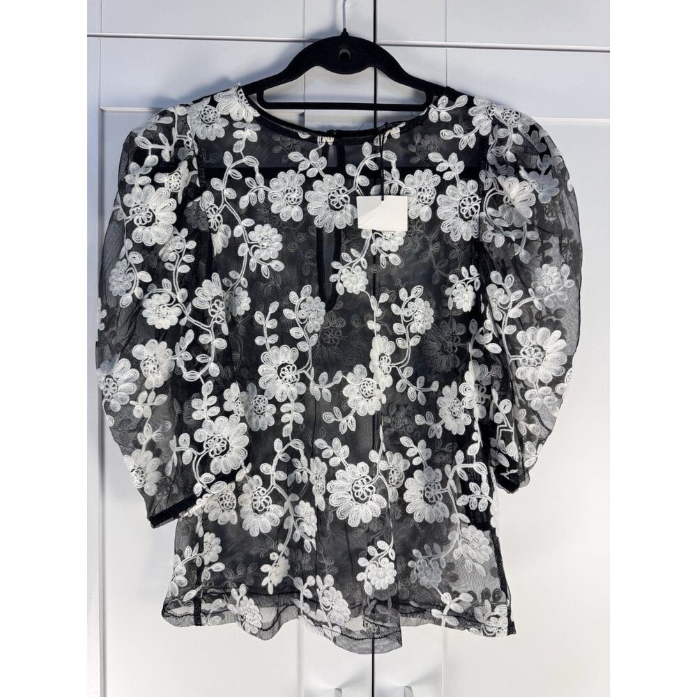 NWT Zara Sheer Embroidered Floral Mesh Top Black White Puff Sleeve Sz S Romantic